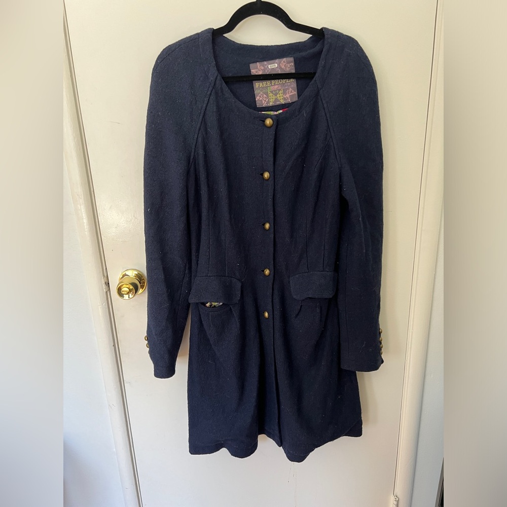 Free People Navy Wool Blend Princess Military Long Coat